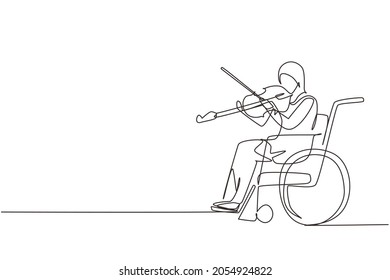 Discapacidad de dibujo continuo de una línea y música. Mujer árabe en silla de ruedas toca violín. Discapacitado físicamente. Persona en el hospital. Paciente del centro de rehabilitación. Gráfico vectorial de diseño de trazos de línea única