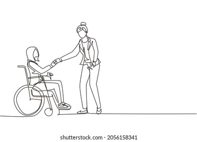Continuous one line drawing disability employment  work for disabled people  Disable woman sit in wheelchair shaking hand and colleague in office  Single line draw design vector graphic illustration