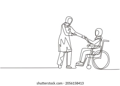 Continuous one line drawing disability employment, work for disabled people. Disable Arabian woman sit in wheelchair shaking hand with colleague in office. Single line draw design vector illustration