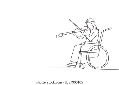 Continuous one line drawing disability and music. Arabian man in wheelchair plays violin. Physically disabled. Person in hospital. Rehabilitation center patient. Single line draw design vector graphic