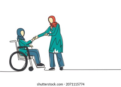 Continuous one line drawing disability employment, work for disabled people. Disable Arabian woman sit in wheelchair shaking hand with colleague in office. Single line draw design vector illustration