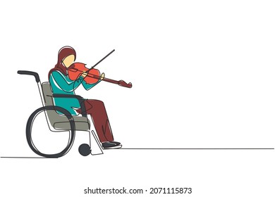 Continuous one line drawing disability and music. Arab woman in wheelchair plays violin. Physically disabled. Person in hospital. Rehabilitation center patient. Single line draw design vector graphic