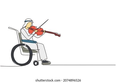 Continuous one line drawing disability and music. Arabian man in wheelchair plays violin. Physically disabled. Person in hospital. Rehabilitation center patient. Single line draw design vector graphic