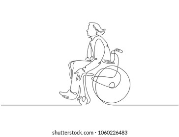 Continuous one line drawing. Disabled man on wheelchair enjoy with moving. Vector illustration total editable, choose thickness and place of line