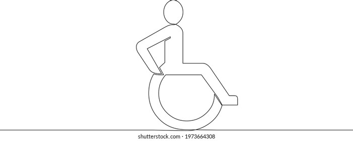 Continuous one line drawing. Disabled man on wheelchair, Vector illustration