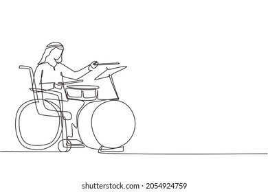 Continuous one line drawing disabled Arabian man in wheelchair playing drum. Physically disabled. Person in hospital. Rehabilitation center patient. Single line draw design vector graphic illustration