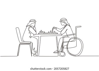 Continuous one line drawing disabled Arab man in wheelchair plays chess with friend. People on social adaptation, hobby, tolerance, inclusive, accessibility, diversity. Single line draw design vector