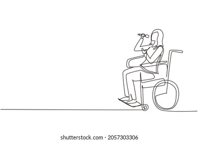 Continuous one line drawing disabled person enjoying life. Beauty woman sitting in wheelchair singing at karaoke bar. Spend time in recreational place. Single line draw design vector illustration