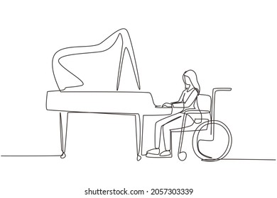 Continuo dibujo de una línea discapacitó a hermosa mujer en silla de ruedas tocando piano en concierto. música clásica.Ilustración vectorial de diseño de línea única