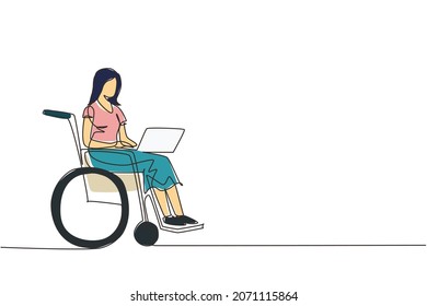 Continuous one line drawing disabled woman working laptop  Wheelchair  idea  computer  Freelance  disability  Online job   startup  Physical disability   society  Single line draw design vector