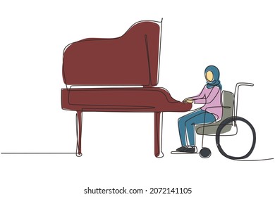 Continuous one line drawing disabled young Arab woman in wheelchair playing piano in concert. Disability and classical music. Physically disabled. Single line draw design vector graphic illustration