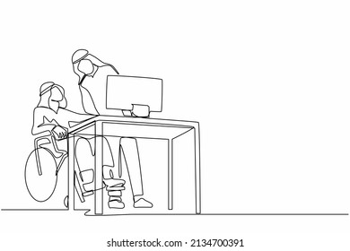 Continuous one line drawing disabled Arabian man in wheelchair works in an office behind desk and computer. Interaction and communication with colleague. Single line design vector graphic illustration