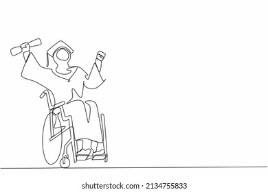 Continuous one line drawing disabled bachelor, inclusive education concept. Young happy Arab woman graduate master holding diploma in hand sitting in wheelchair. Single line draw design vector graphic