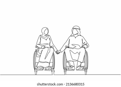 Continuous one line drawing disabled people on wheelchair living happy active lifestyle concept. Disabled Arab couple man woman in wheelchair sitting and holding hands. Single line draw design vector