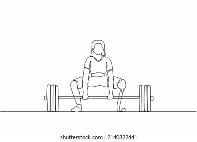 Continuous one line drawing disabled female athlete exercising lifting weights. Disabled young woman training in gym with barbell. Disability sportswoman concept. Single line design vector graphic