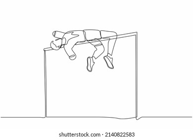 Continuous one line drawing disabled man doing exercise and become champion high jumper with amputee arms. Disability sport, invalid person playing athletic game. Single line design vector graphic