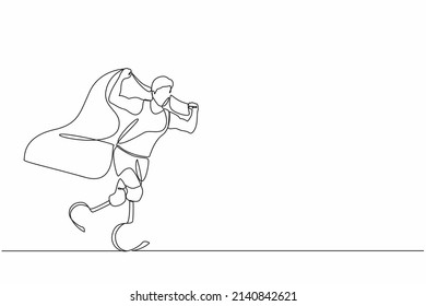 Continuous one line drawing disabled runner athlete man. Sportsman with prosthesis leg holding flag. Athletic male cheering and running with flag raised in the air. Single line graphic design vector