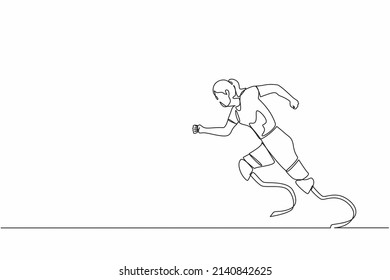 Continuous one line drawing disabled athlete runs on prostheses. Female disability runs. Disabled sportswoman with amputated foot. Disabled sport, championship, game. Single line graphic design vector