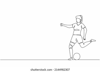 Continuous one line drawing disabled woman athlete playing football. Disability soccer player with leg prosthesis. Match, competition.  sport training. Single line draw design vector graphic