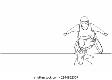 Continuous one line drawing disabled race male athlete wheelchair sport competition. Disability games championship. Hobbies and interests of people with disabilities. Single line draw design vector