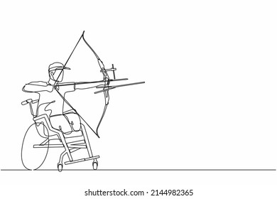 Continuous one line drawing disabled archer male athlete aiming with sports bow. Archery sport equipment for athletes. Disability archer man aiming an arrow. Single line draw design vector graphic