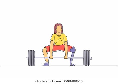 Continuous one line drawing disabled female athlete exercising lifting weights. Disabled young woman training in gym with barbell. Disability sportswoman concept. Single line design vector graphic