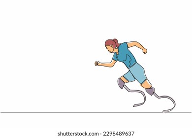 Continuous one line drawing disabled athlete runs on prostheses. Female disability runs. Disabled sportswoman with amputated foot. Disabled sport, championship, game. Single line graphic design vector