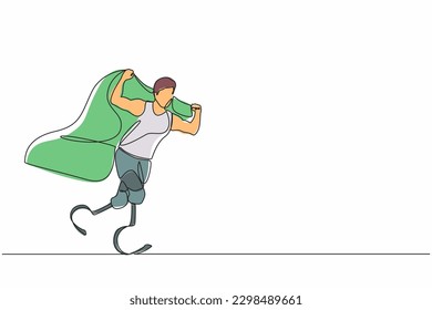 Continuous one line drawing disabled runner athlete man. Sportsman with prosthesis leg holding flag. Athletic male cheering and running with flag raised in the air. Single line graphic design vector