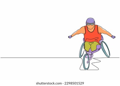 Continuous one line drawing disabled race male athlete wheelchair sport competition. Disability games championship. Hobbies and interests of people with disabilities. Single line draw design vector