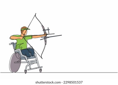 Continuous one line drawing disabled archer male athlete aiming with sports bow. Archery sport equipment for athletes. Disability archer man aiming an arrow. Single line draw design vector graphic