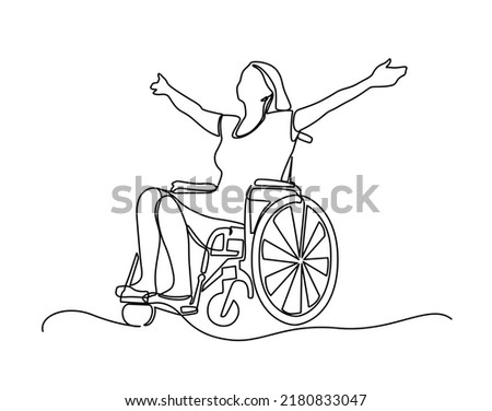 Continuous one line drawing. Disabled man on wheelchair enjoy with moving. Vector illustration total editable, choose thickness and place of line. raising arms in happiness, rehabilitation concept. 