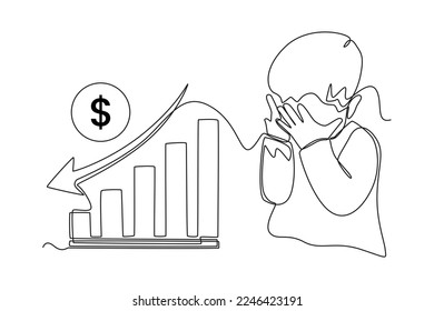 Continuous one line drawing Disappointed cute boy because financial graph arrow is decreasing. Economics and business concept. Single line draw design vector graphic illustration.