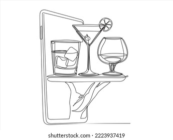 Continuous one line drawing of dish with glasses with cocktails in hand on screen smart phone drawn from the hand Vector illustration.