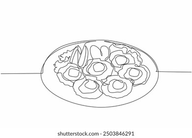 Continuous one line drawing a dish of six of the most delicious baked scallops served on a round plate. A savory appetizer. National Baked Scallops Day. Single line draw design vector illustration