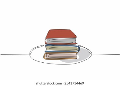 Dibujo continuo de una línea de platos tres pilas de libros gruesos. Una metáfora interesante. Sirviendo el conocimiento.  Educación. Literatura. Día del Libro Comestible. Ilustración vectorial de diseño de dibujo de línea única