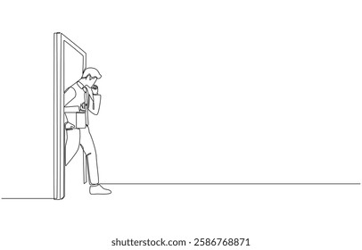 Continuous one line drawing of dismissed employee walking out of office door with box of belongings, being laid off from work concept, single line art