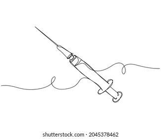 Continuous one line drawing of disposable syringe with needle and medicine in silhouette on a white background. Linear stylized.Minimalist.