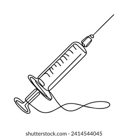 Continuous one line drawing of disposable syringe with needle and medicine in silhouette on a white background. Linear stylized.Minimalist.