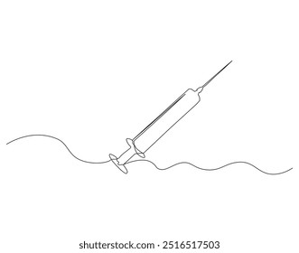 Dibujo continuo de una línea de jeringa desechable. Una sola línea de inyección, jeringa. Herramienta del hospital, concepto del equipo del hospital
