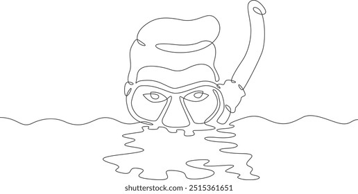 Kontinuierlicher einzeiliger Zeichnungstaucher in einer Maske. Schwimmer im Wasser mit Maske und Schnorchel. Eine durchgehende Linie, einzelne minimale Abbildung.