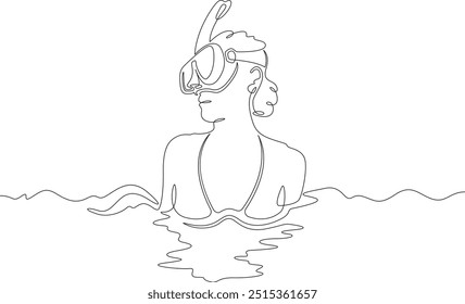 Continuous one line drawing  diver girl in mask. Swimmer in water with mask and snorkel. Woman swims in sea. One continuous line isolated minimal illustration.