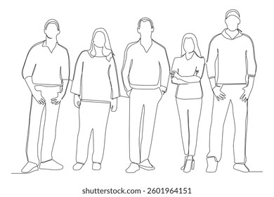 Continuous one line drawing of diverse group of standing people.