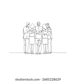Desenho contínuo de uma linha de uma equipe de negócios diversificada ou grupo de amigos de pé juntos com os braços em torno de cada um. Ilustração de unidade, suporte e trabalho em equipe.