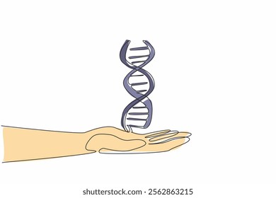 Continuous one line drawing DNA symbol on open palm. Submitting a blood sample for paternity testing. Researchers carry out tasks. Gene. National DNA Day. Single line draw design vector illustration