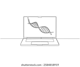 Continuous one line drawing of DNA on laptop screen. One line drawing illustration of laptop combined with DNA. Combine art design concept single line. Editable outline