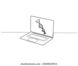 Continuous one line drawing of DNA on laptop screen. One line drawing illustration of laptop combined with DNA. Combine art design concept single line. Editable outline