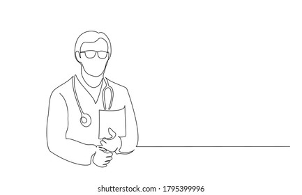 Continuous one line drawing. Doctor therapist man in medical uniform and with stethoscope. Vector illustration