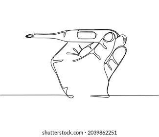 Kontinuierliche Zeichnung eines Arztes, das medizinisches Thermometer in Silhouette Symbol auf weißem Hintergrund aussieht. Linear stilisiert.