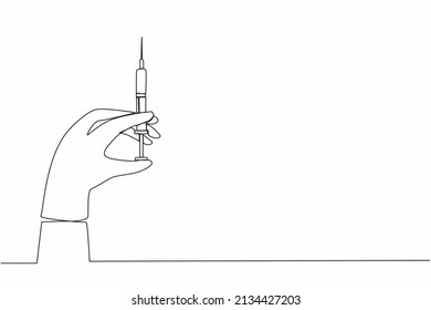 Dibujo continuo de una línea de la jeringa de la mano del médico lista para inyectarse. Vacunación e inyección médica. Salud, concepto de vacunas médicas. ilustración vectorial de diseño de línea única
