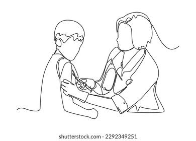Continuous one line drawing doctor gives injection to boy's arm. World blood day concept. Single line draw design vector graphic illustration.